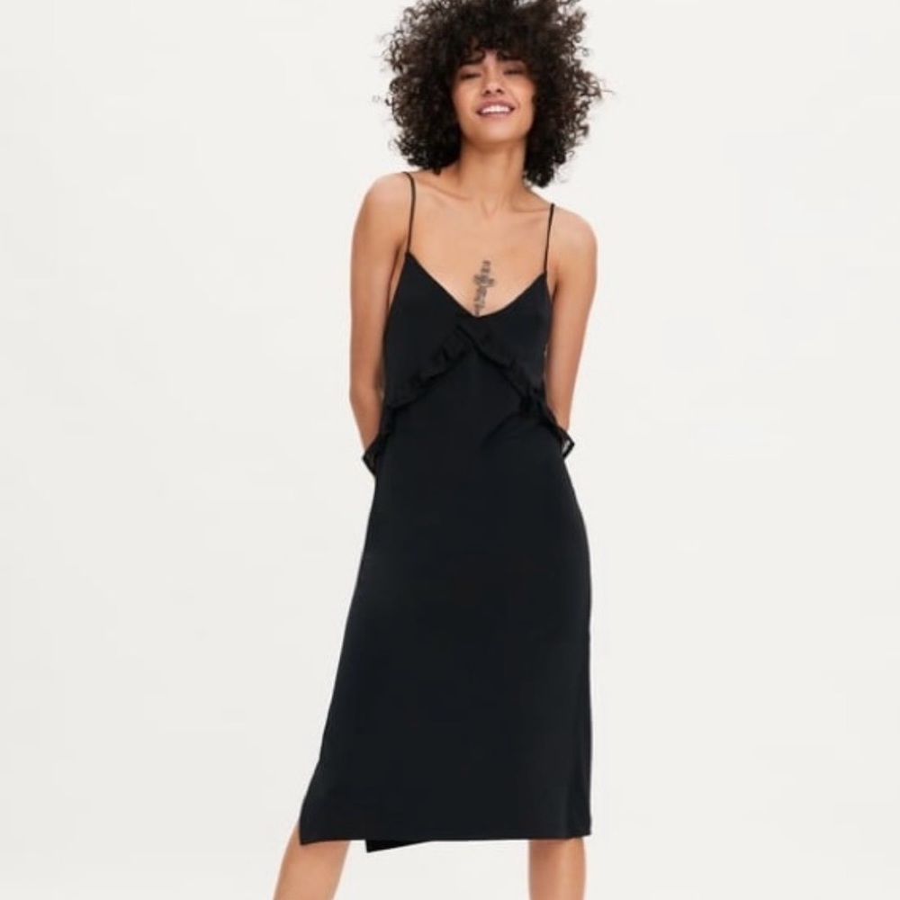 Zara Womens Ruffled V Neck Midi Slip Dress Sz M